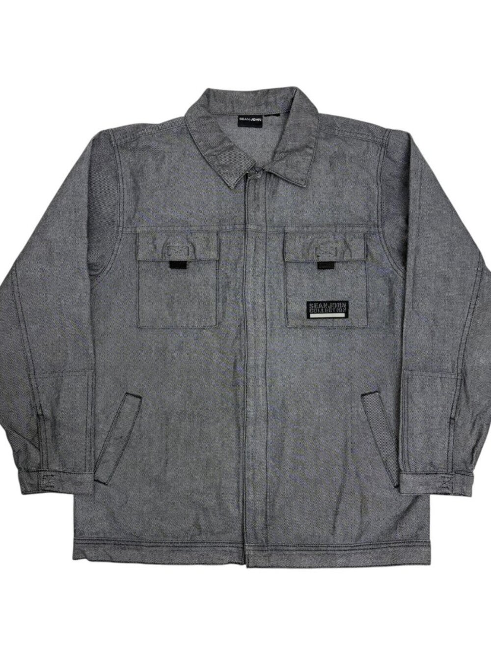 SEAN JOHN Vintage Jean Jacket Denim Y2K Streetwear Gray Bomber Coat Mens Medium